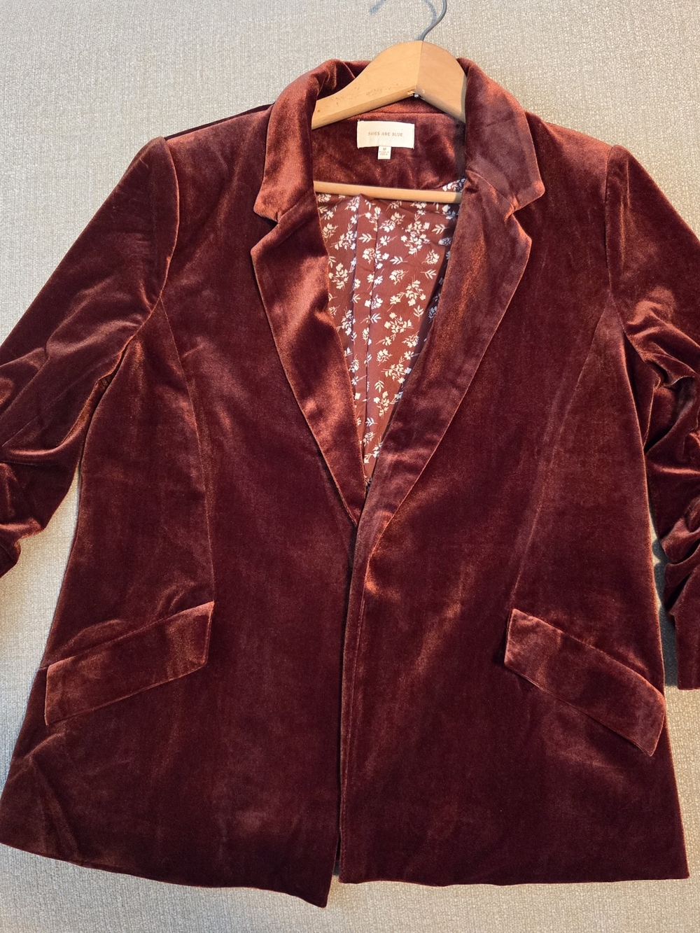 Skies Are Blue Velvet Blazer Rust EUC Ruched 3/4 Sleeve Floral Lining